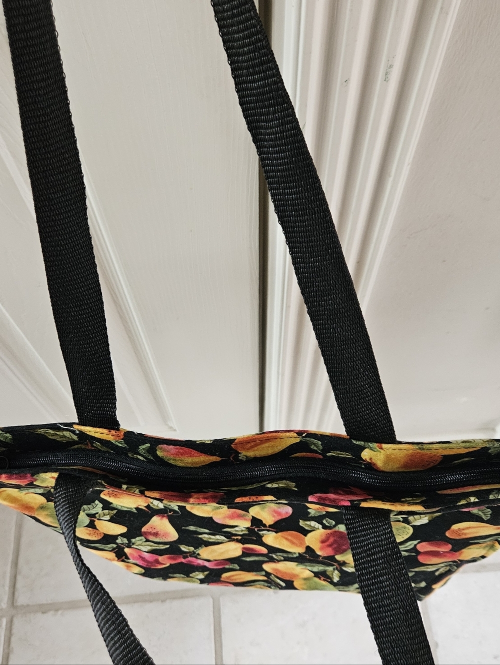 Black Fruit Print Tote Bag, Zip Top - Unbranded, 16.5"x14" x3", 12" Strap - Picture 6 of 8